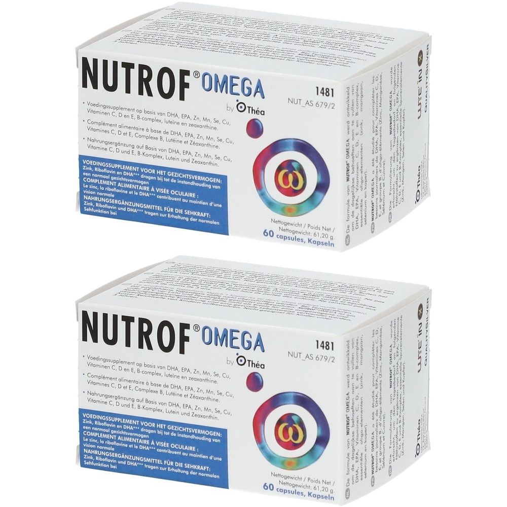 Deux boîtes blanches NUTROF OMEGA. Inscriptions multilingues. 60 capsules.