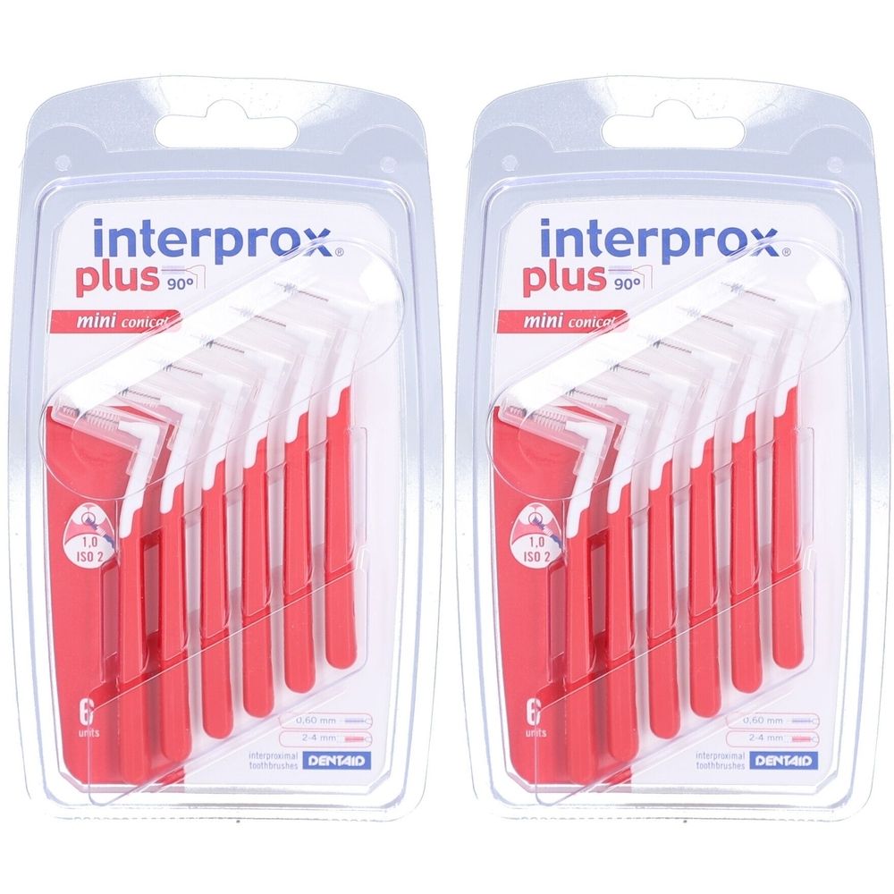 Deux blisters de brossettes coniques rouges. Inscription: Interprox plus mini conical. 6 unités.