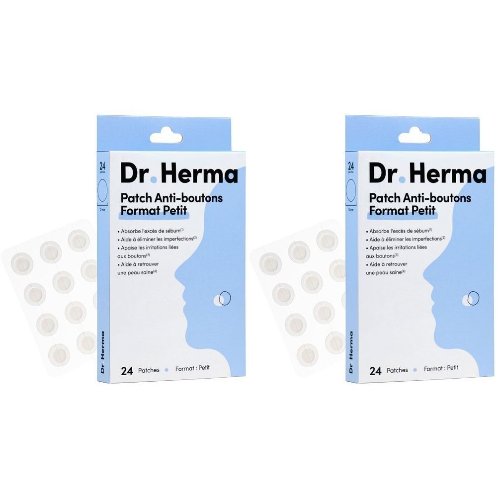 Zwei Packungen mit Anti-Pickel-Patches. Blaue Verpackung mit Produktnamen und Gesichtsprofil. 24 Patches pro Packung.