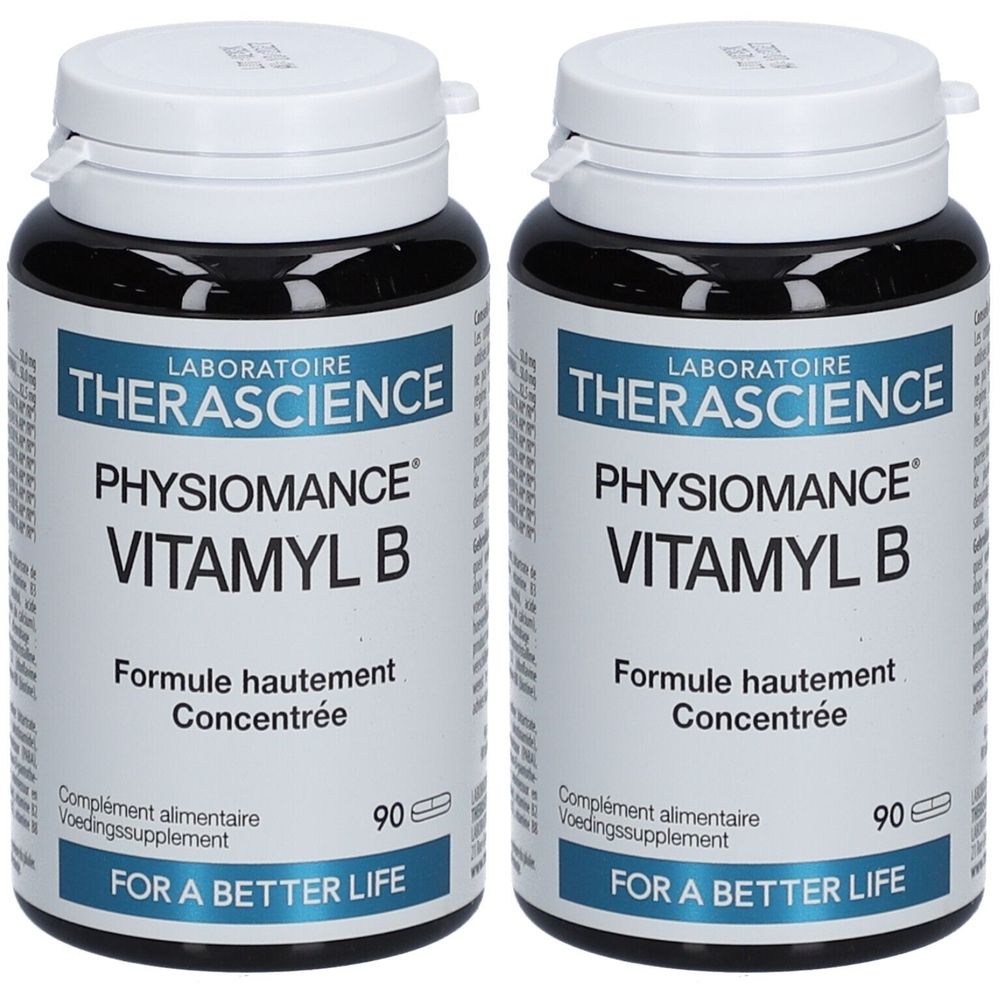 Zwei Flaschen Physiomance Vitamyl B. Schwarze Flaschen mit weißem Deckel. Aufschrift: Laboratoire Therascience, Vitamyl B, 90 Kapseln.