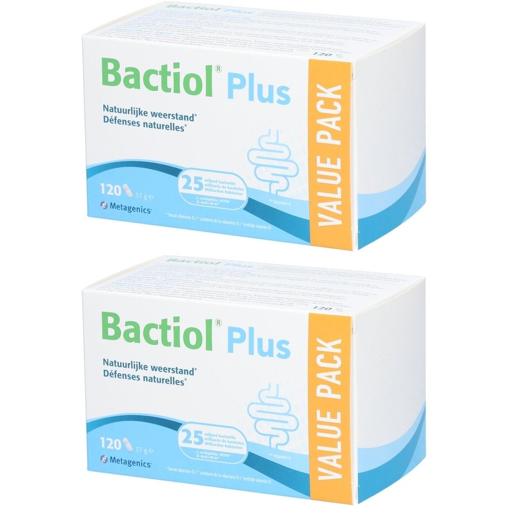 Zwei weiße Kartons mit "Bactiol Plus"-Aufdruck. Aufschrift: "Natuurlijke weerstand", "Défenses naturelles". Orangefarbener "VALUE PACK" Aufdruck.