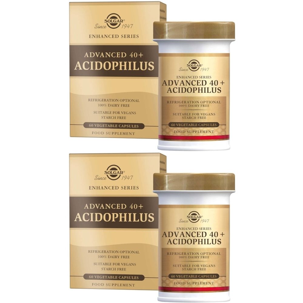 Zwei Packungen und Flaschen. Aufschrift: Advanced 40+ Acidophilus. Marke: Solgar. Kapseln.