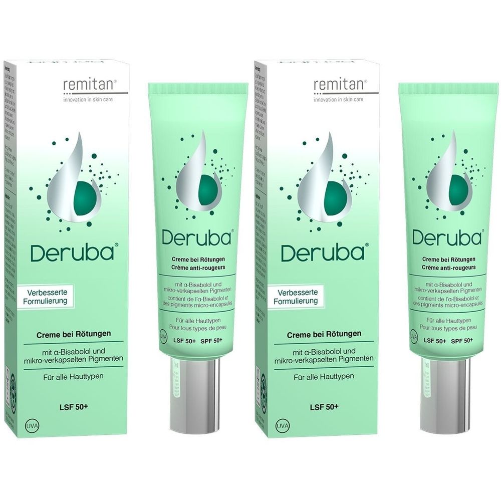 Drei Tuben und zwei Schachteln Deruba Creme. Grün-weißes Design. Text: Creme bei Rötungen, LSF 50+.