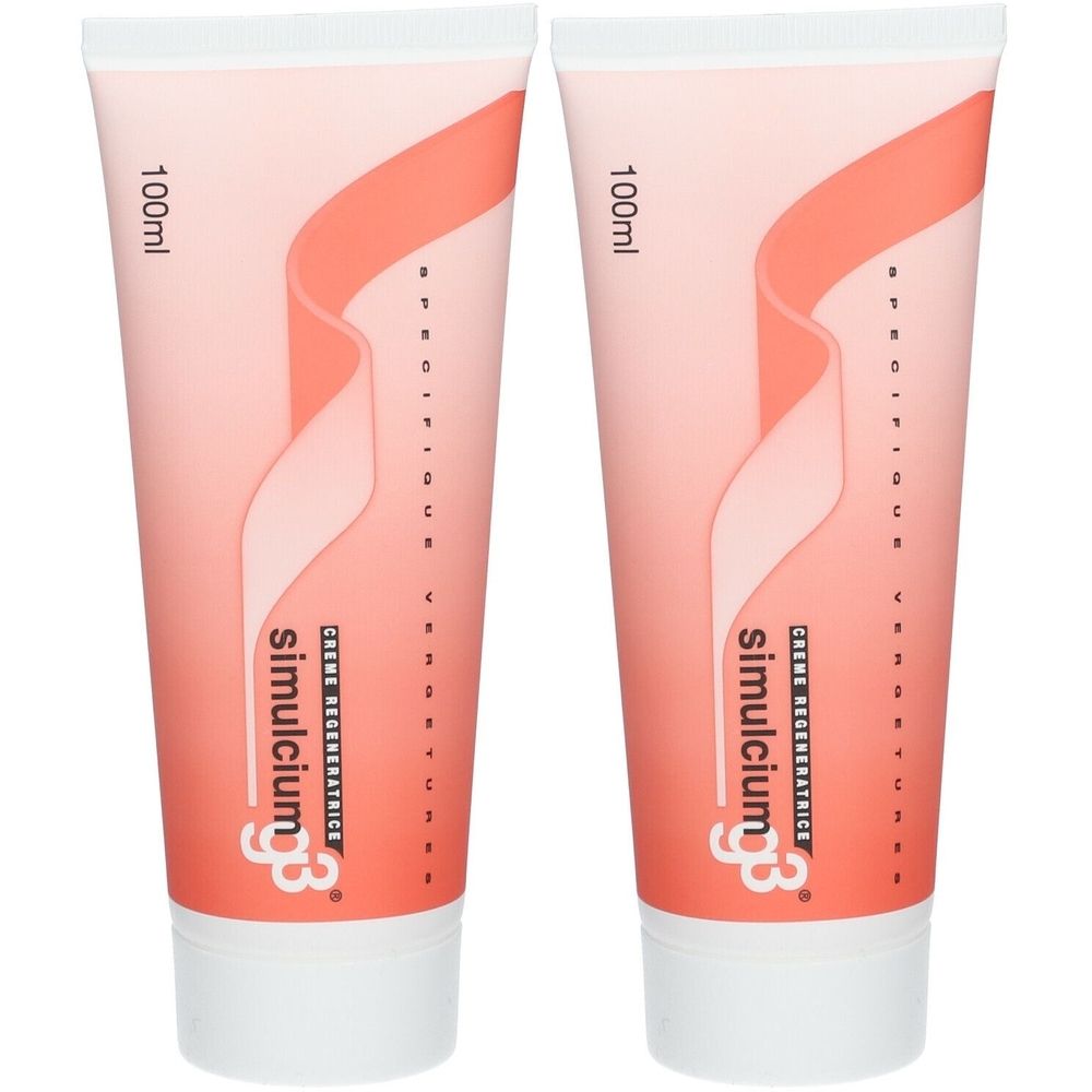 Deux tubes de SIMULCIUM G3® Crème régénératrice. Design rose et blanc avec nom et texte du produit. "100ml" en haut.