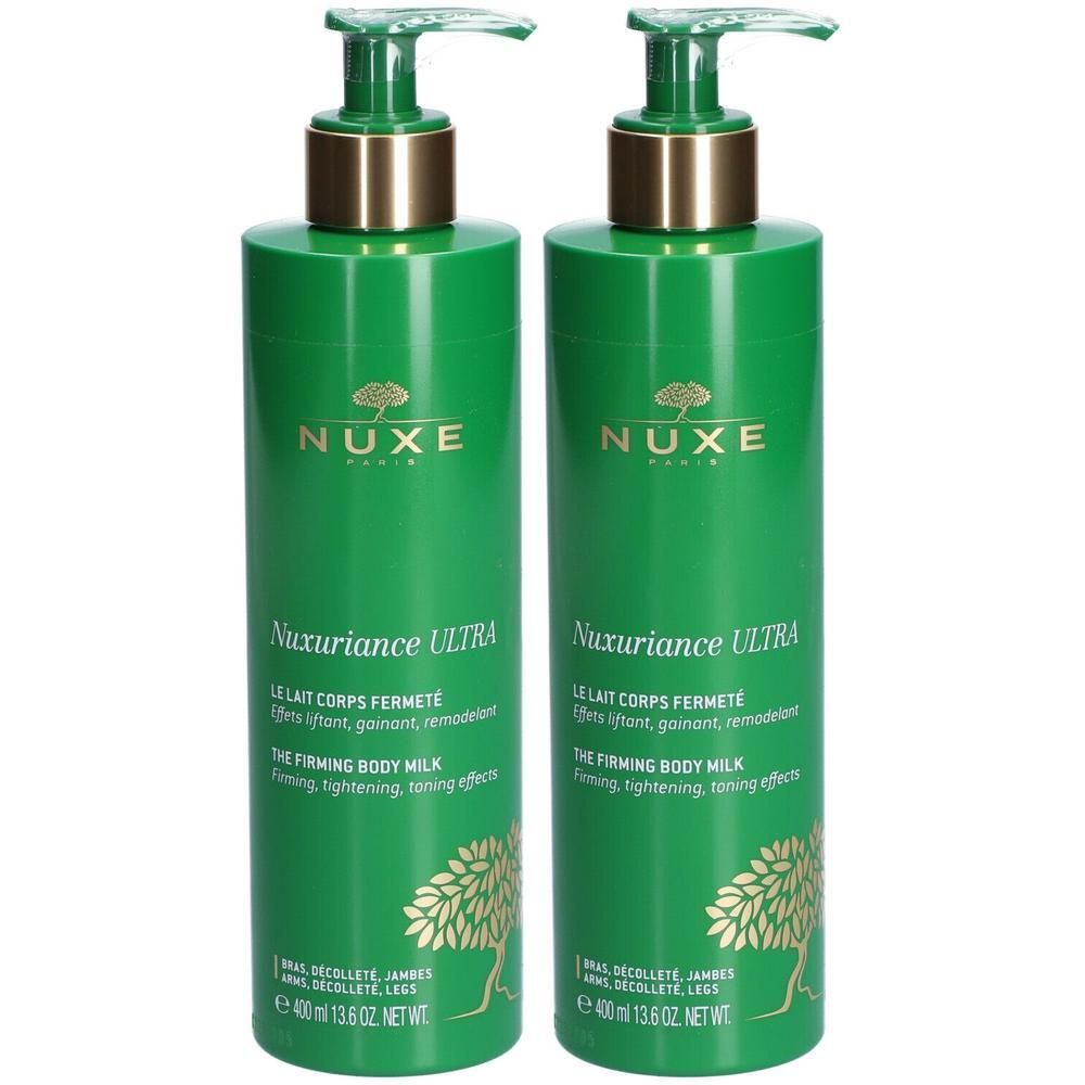 Deux flacons verts avec bouchons dorés. Inscription: NUXE Nuxuriance Ultra, Lait corps fermeté.