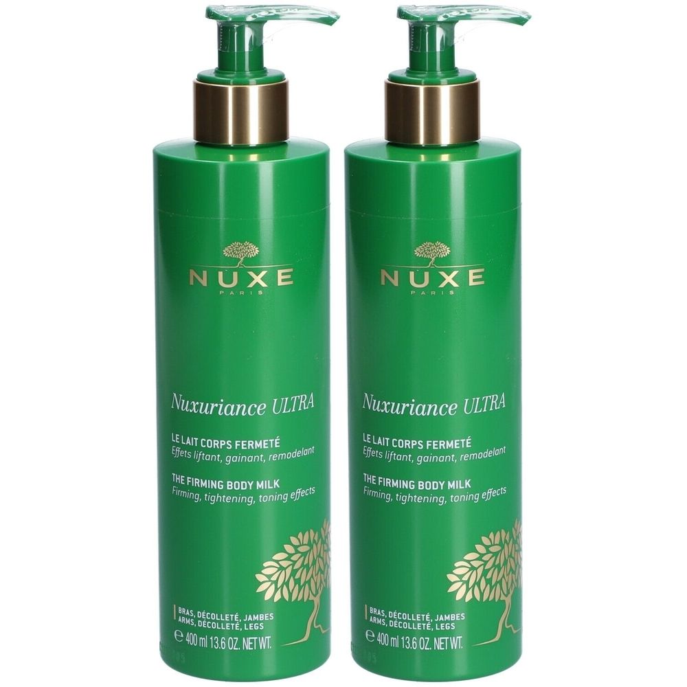 Deux flacons verts avec pompe. Inscriptions: NUXE, Nuxuriance ULTRA, Le Lait Corps Fermeté. Texte et détails dorés.