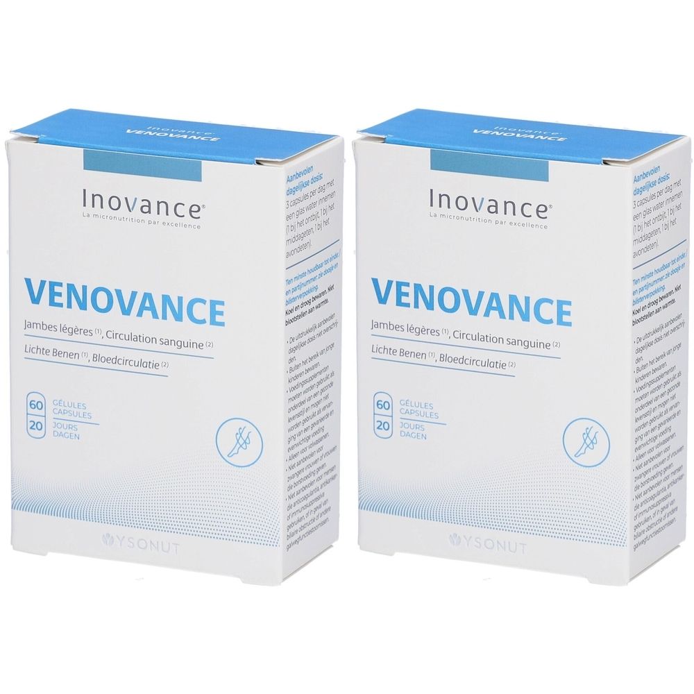 Zwei Schachteln mit der Aufschrift "VENOVANCE". Blaue und weiße Verpackung. Aufschrift: "Jambes légères, Circulation sanguine".