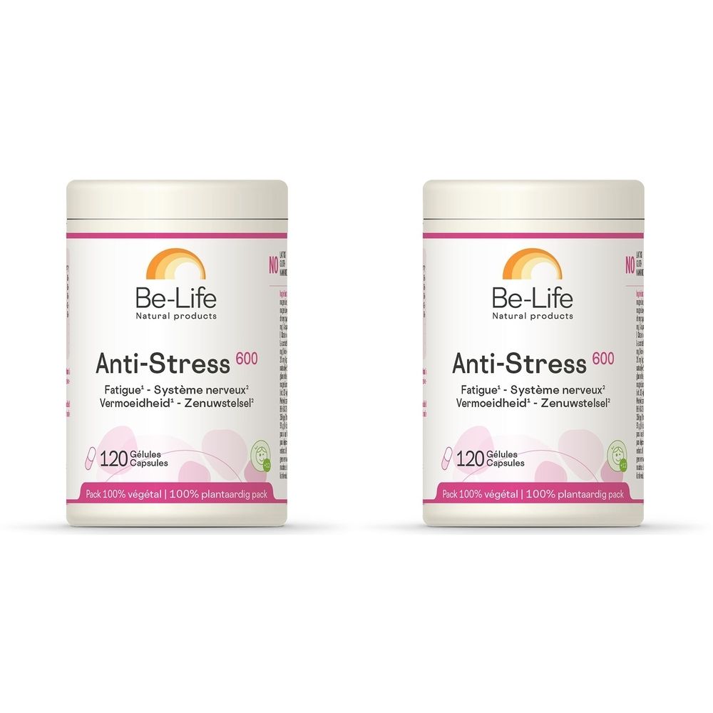 Zwei weiße Behälter mit der Aufschrift "Be-Life Anti-Stress 600". Aufschrift: "Fatigue - Système nerveux". 120 Kapseln. 100% pflanzlich.