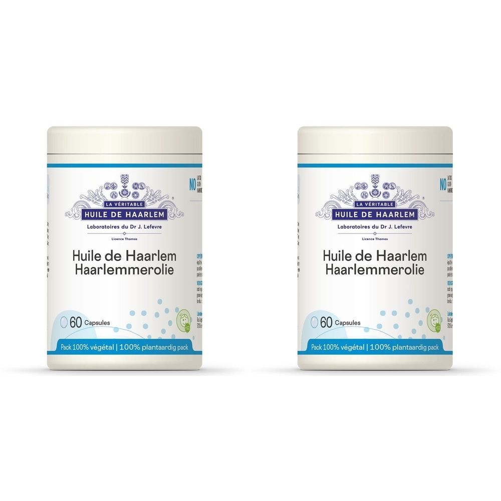 Deux boîtes blanches avec texte bleu. Inscription: Huile de Haarlem, 60 capsules. Texte: 100% végétal, 100% plantaardig.
