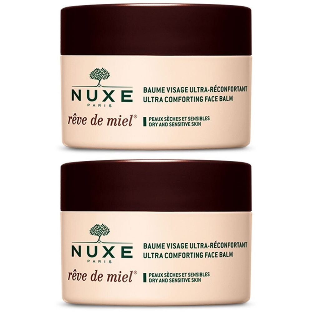 Zwei Tiegel NUXE Rêve de Miel® Gesichtsbalsam. Beige Tiegel mit braunem Deckel. Aufschrift: NUXE, Rêve de Miel, BAUME VISAGE.