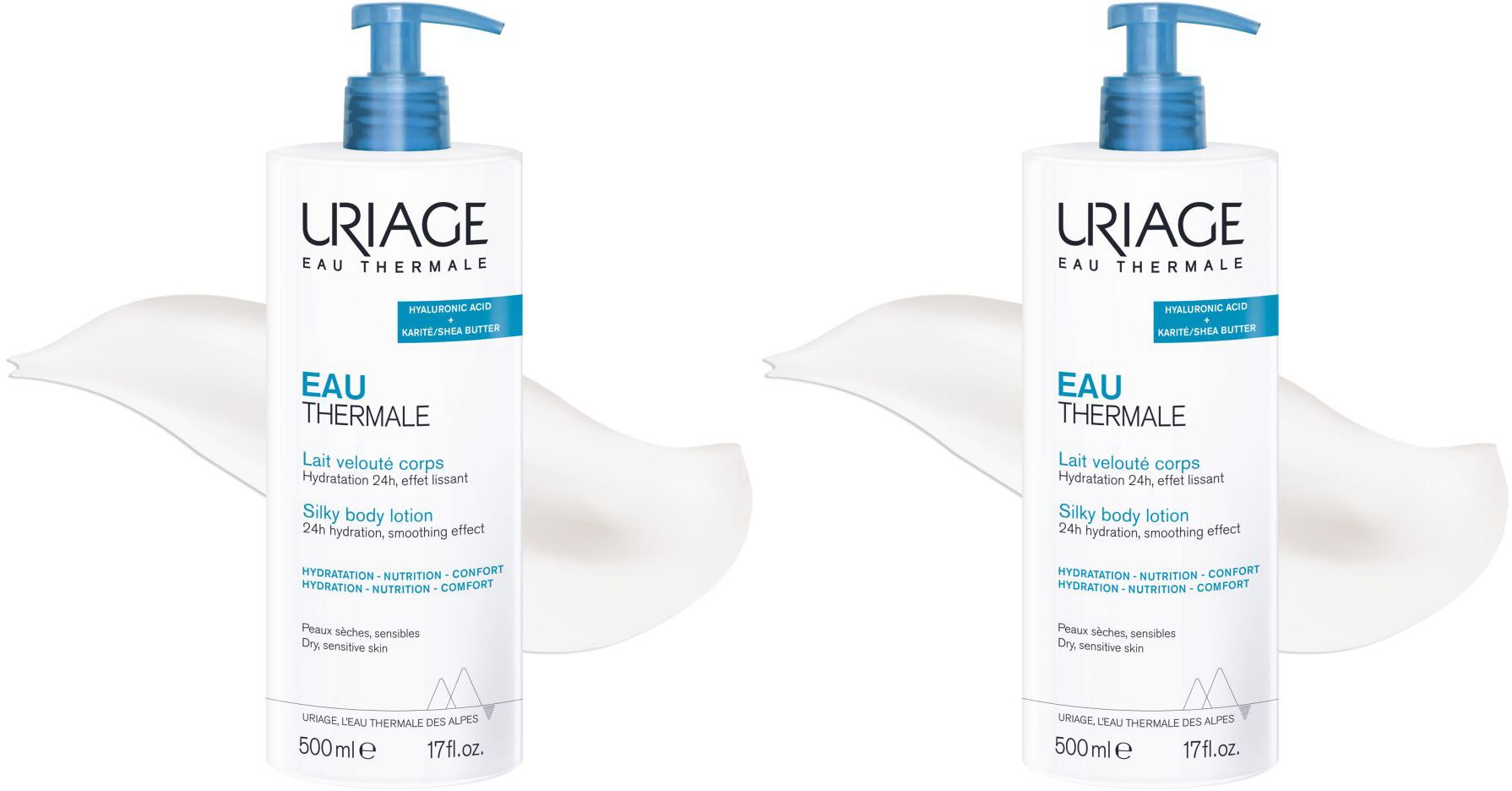 Deux flacons blancs avec pompe bleue. Inscription: URIAGE Eau Thermale. Texte: Lait velouté corps, Silky body lotion.