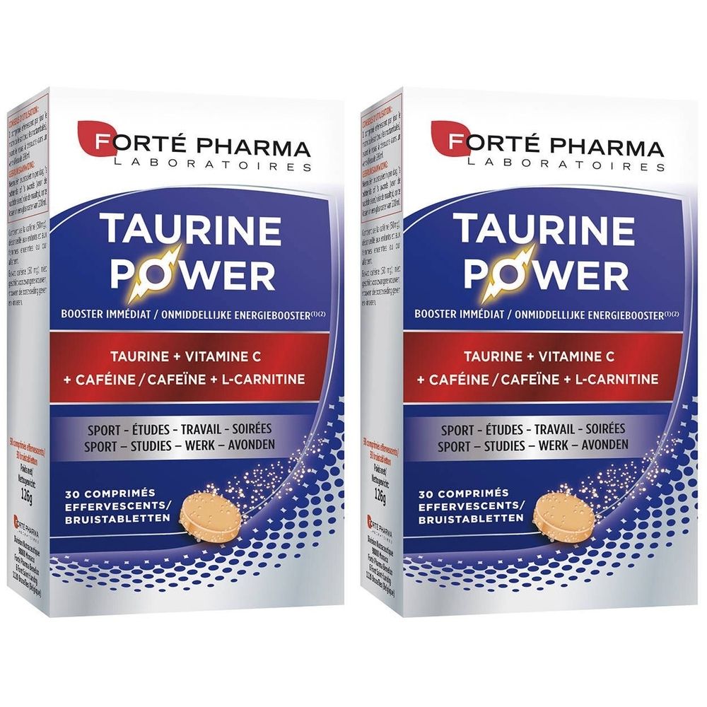 Zwei Packungen Forté Pharma Taurine Power. Blaue und weiße Verpackung mit Produktnamen und Inhaltsstoffen.