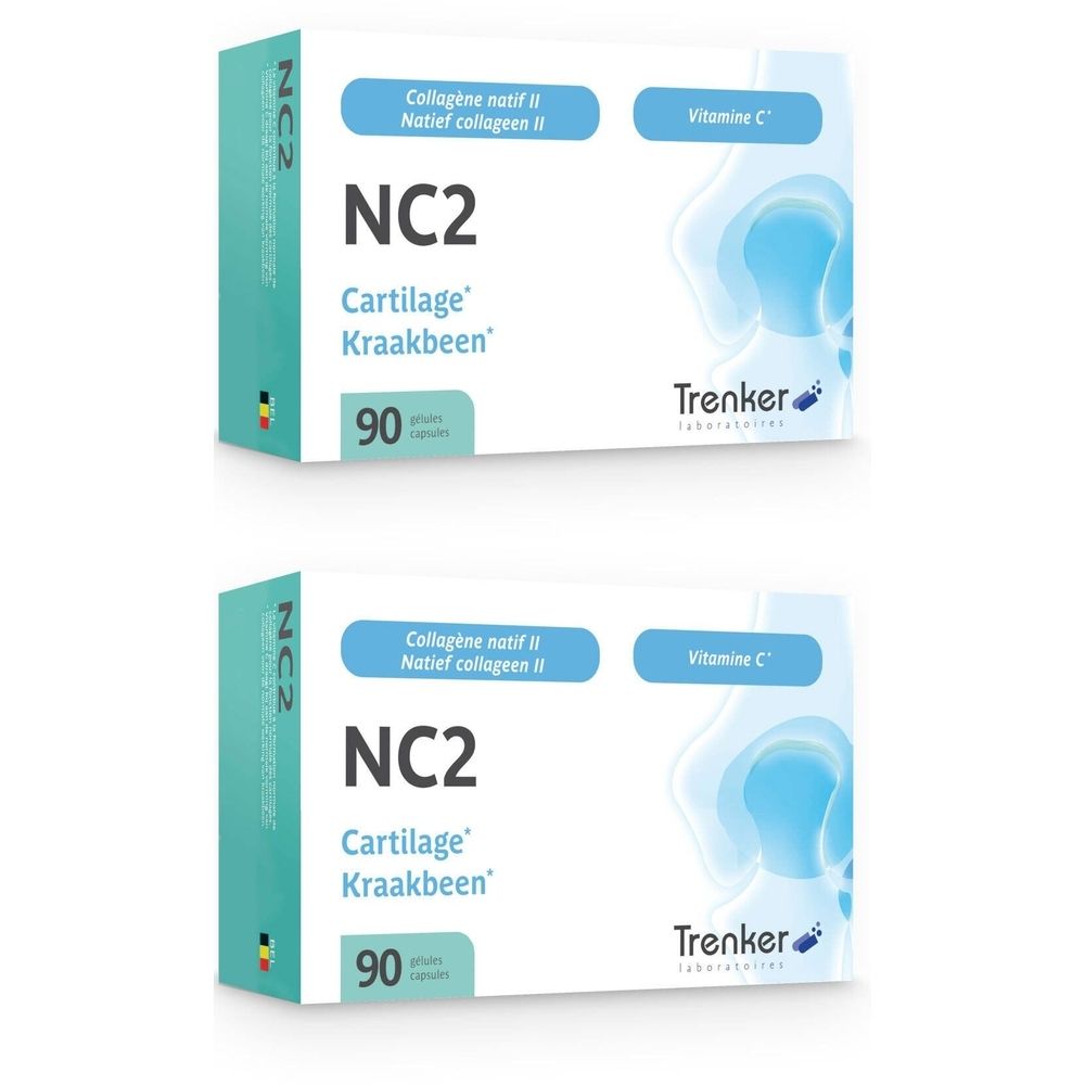Zwei Schachteln NC2 Cartilage. Aufschrift: Collagène natif II, Vitamine C, 90 Kapseln. Marke: Trenker.
