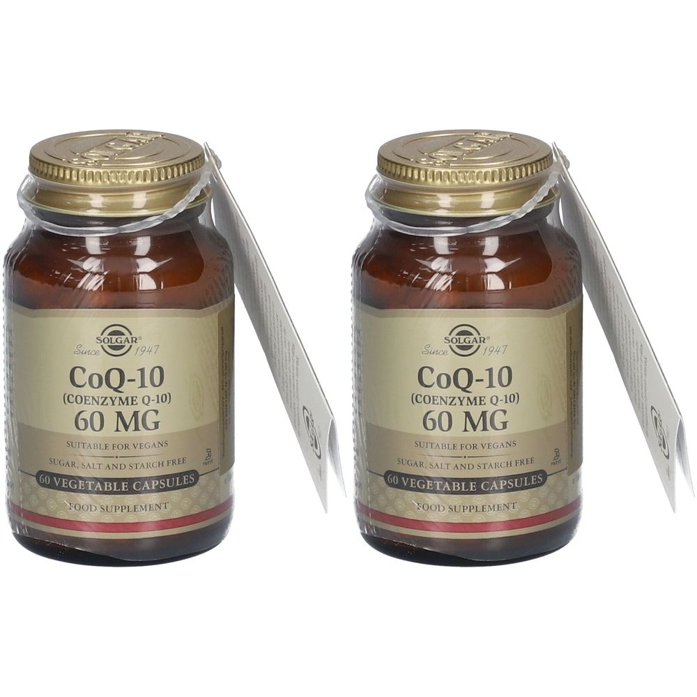 Zwei braune Glasflaschen mit SOLGAR CoQ-10 60 mg Kapseln. Etiketten mit Produktinformationen. Klare Deckel und Anhänger.