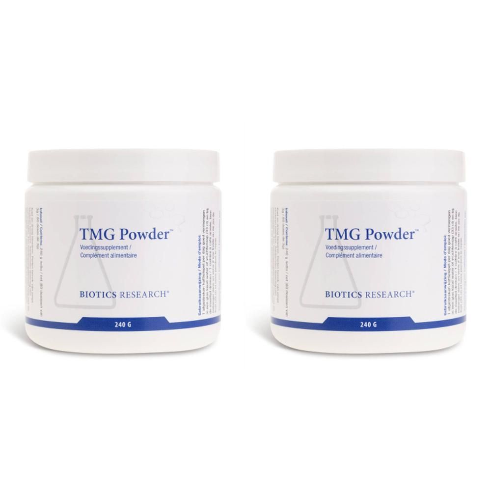 Deux contenants de poudre TMG Biotics Research, 240 g chacun.