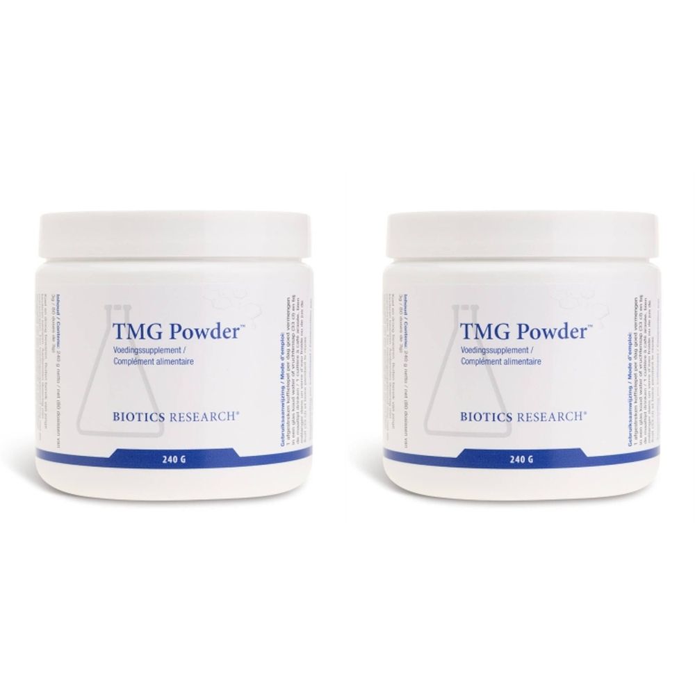 Zwei weiße Behälter mit Deckel. Aufschrift: TMG Powder, Biotics Research. 240 g.