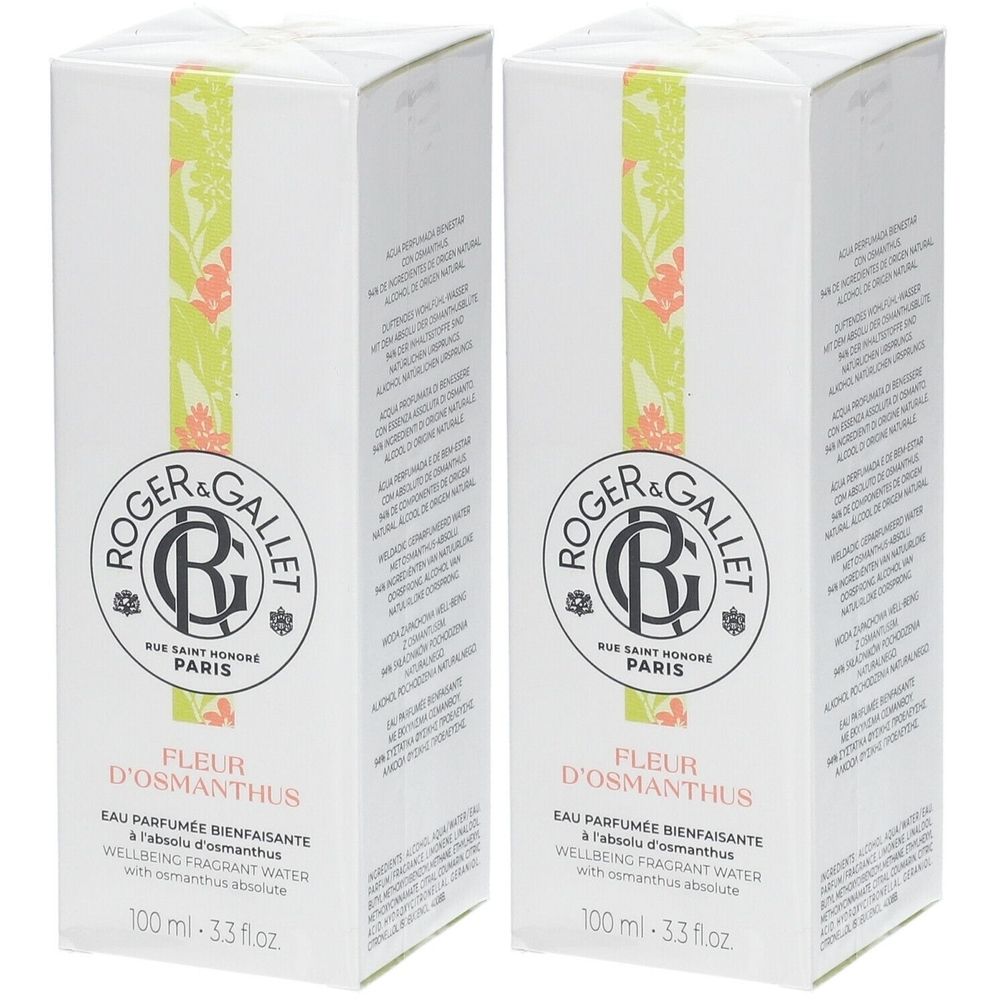 Deux boîtes blanches Roger & Gallet. Inscription : Fleur d'Osmanthus, Eau Parfumée Bienfaisante. Logo avec texte et adresse.