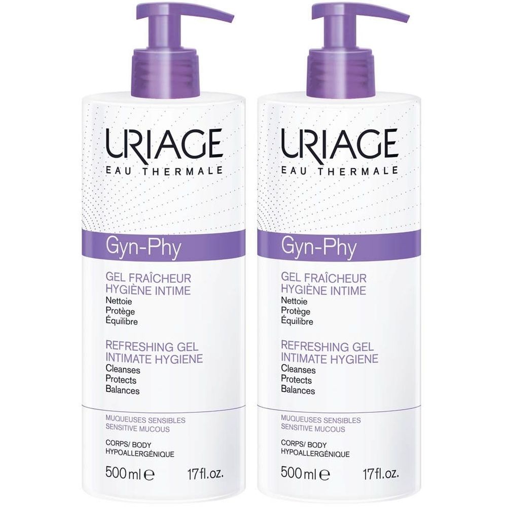 Zwei Flaschen Uriage Gyn-Phy Intimwaschlotion mit Pumpverschluss. Aufschrift: Gyn-Phy, Gel Fraîcheur, Hygiene Intime.