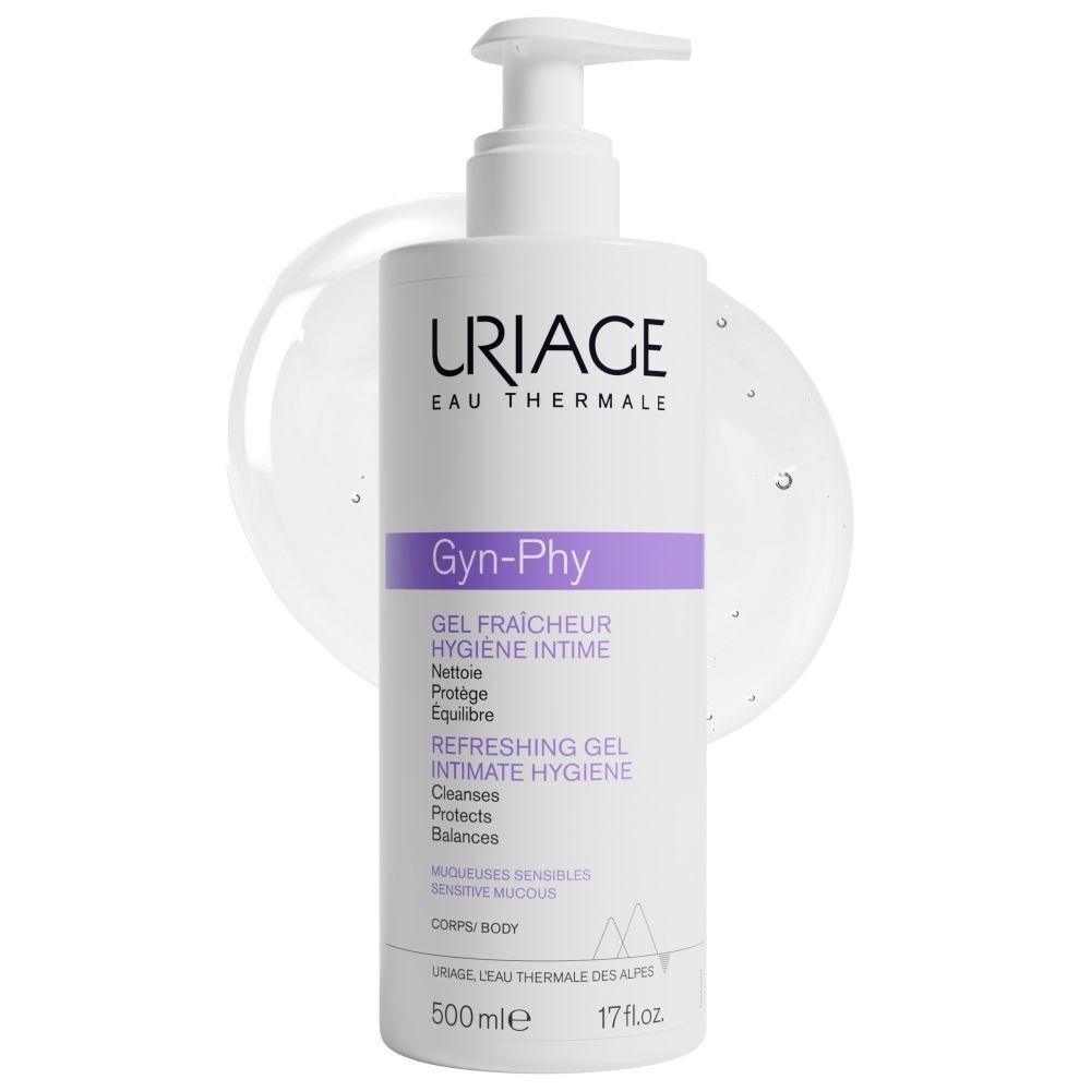 Flacon de gel intime Uriage Gyn-Phy. Blanc, avec bouchon pompe violet. Goutte de gel. Texte: Uriage, Gyn-Phy, 500ml.