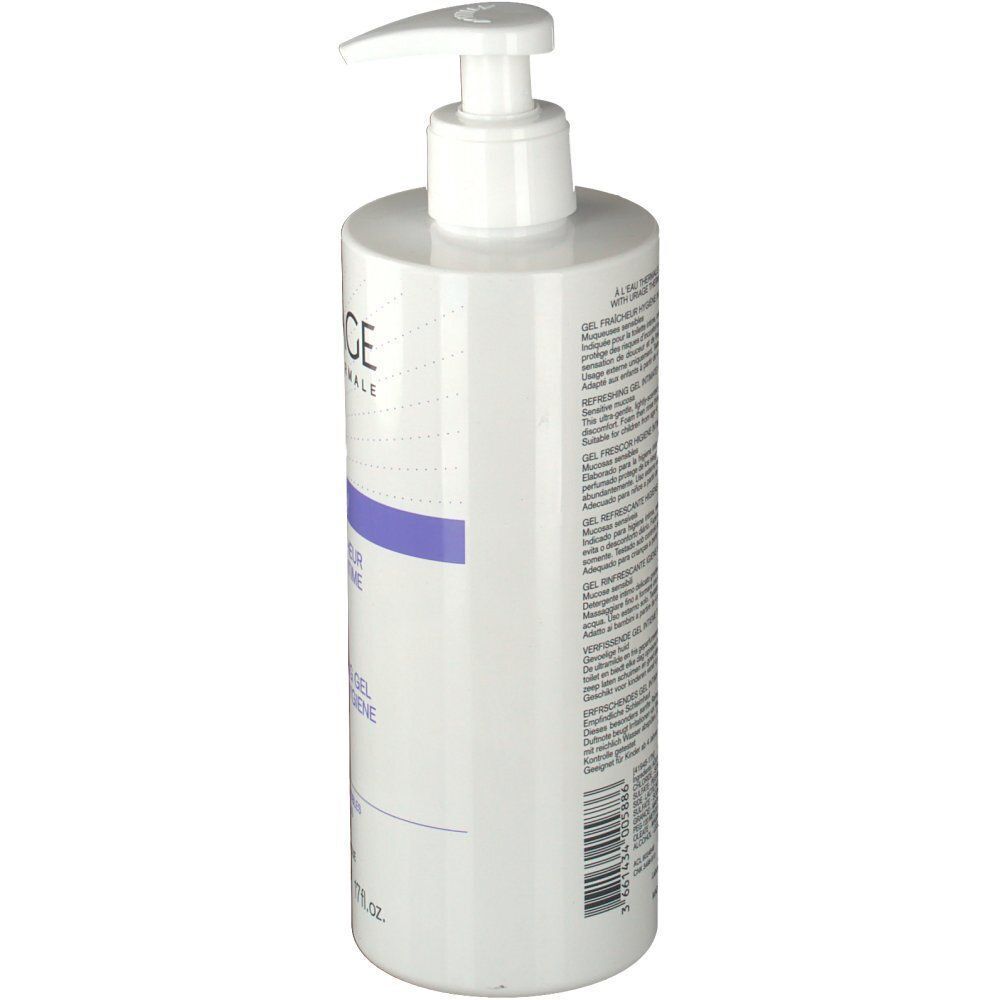 Eine Flasche Uriage Gyn-Phy Intimhygiene-Gel, Seitenansicht mit Text.