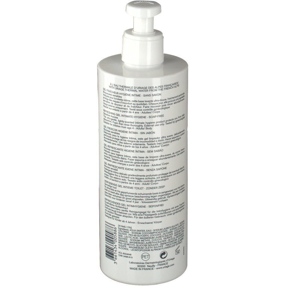 Rückseite einer Flasche Uriage Gyn-Phy Intimhygiene-Gel mit Inhaltsstoffen.