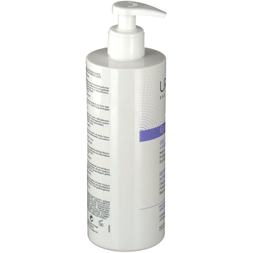 Eine Flasche Uriage Gyn-Phy Intimhygiene-Gel, schräge Seitenansicht.