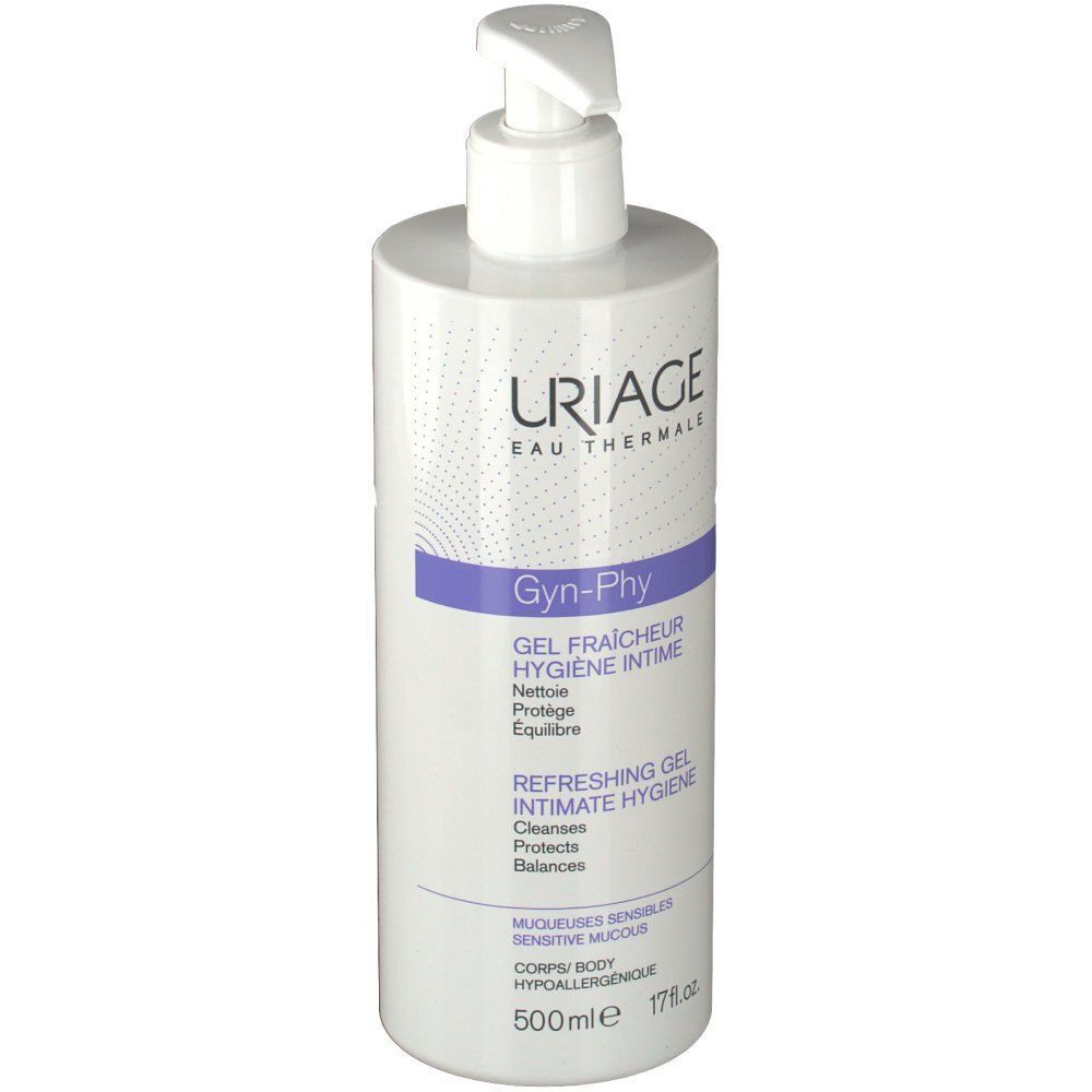 Eine Flasche Uriage Gyn-Phy Intimhygiene-Gel mit Pumpspender.