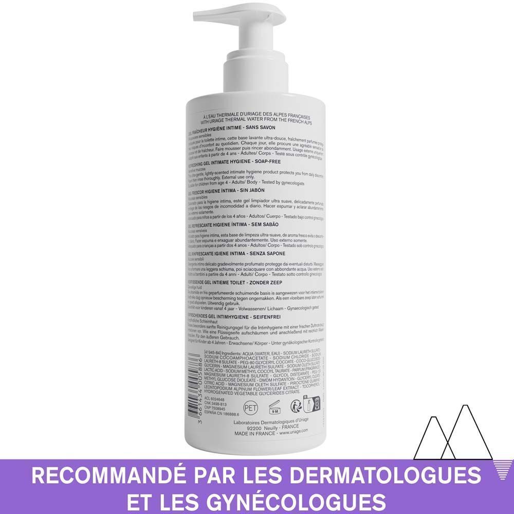 Dos du flacon Uriage Gyn-Phy. Texte en plusieurs langues. Recommandé par les dermatologues et les gynécologues.