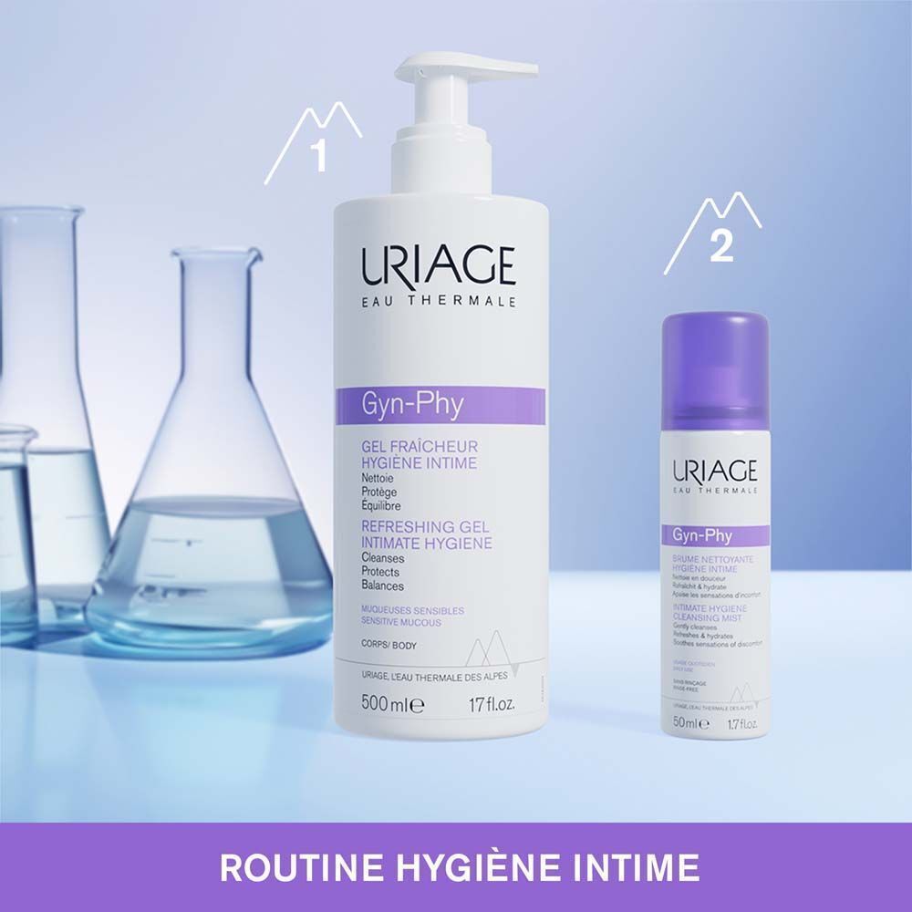 Flacon et spray Uriage Gyn-Phy. Texte : Uriage, Gyn-Phy, 500ml et 50ml. Routine d'hygiène intime.