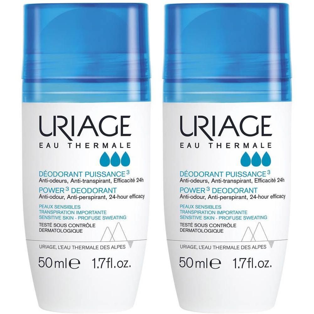Deux déodorants roll-on blancs avec bouchons bleus. Inscription : URIAGE Eau Thermale, Power3 Déodorant, 50ml.