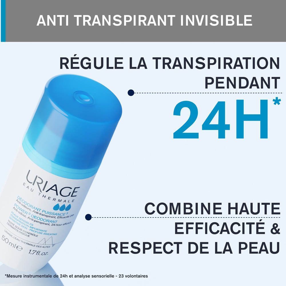 Bras avec déodorant. Texte : Tous types de peaux - même sensibles, Sans alcool, Sans traces blanches, Parfum frais.