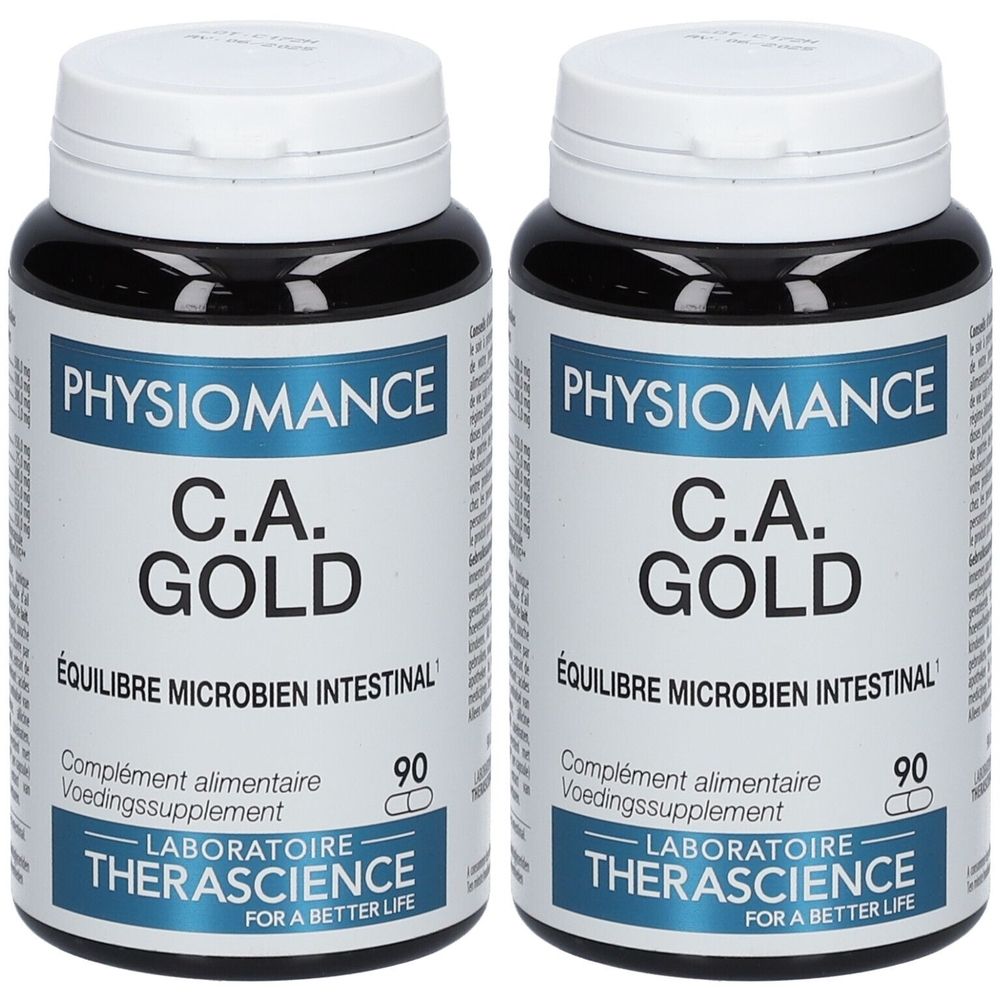 Deux flacons avec bouchons blancs. Inscription PHYSIOMANCE C.A. GOLD. Contient 90 capsules. Marque: Therascience.