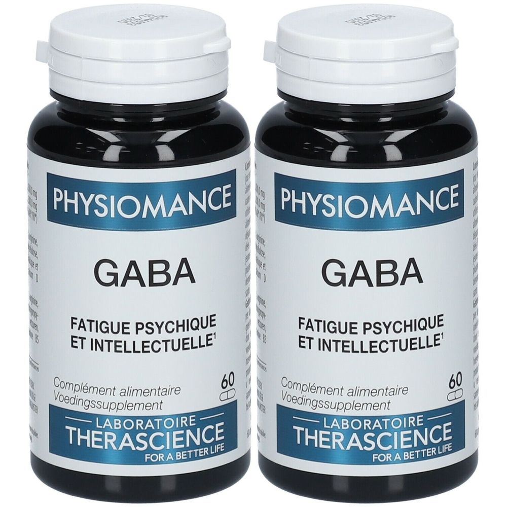 Deux flacons noirs avec bouchons blancs. Étiquettes PHYSIOMANCE GABA, texte et logo Therascience. Complément alimentaire.