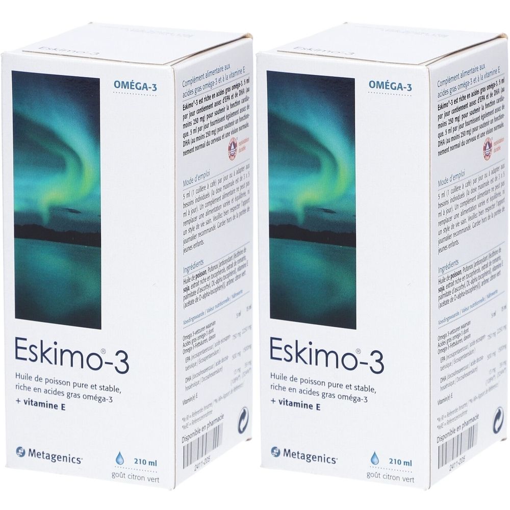 Deux boîtes blanches avec l'étiquette Eskimo-3. Omega-3 en haut. Un motif aurore verte est visible sur l'emballage.