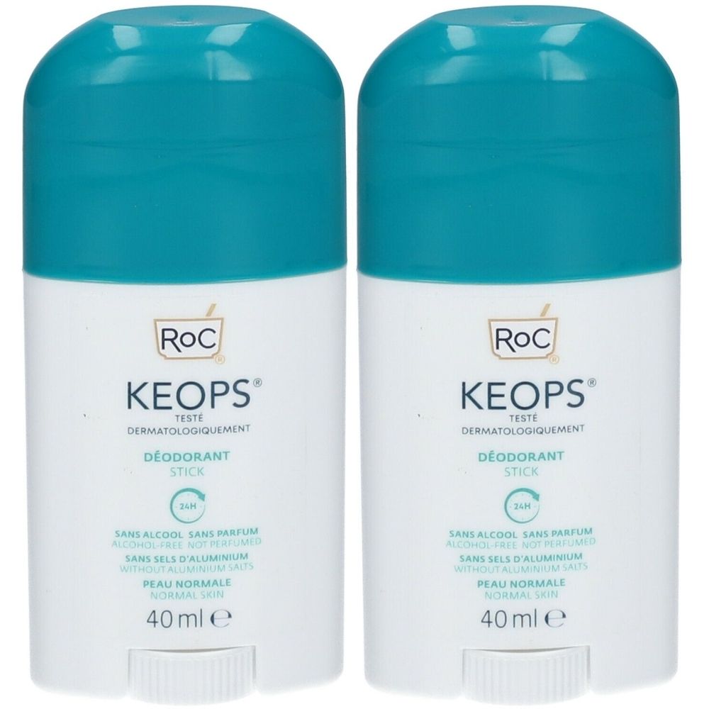 Deux déodorants en stick RoC KEOPS. Blanc avec capuchon turquoise. Inscription: KEOPS, 24h, sans alcool, sans parfum, sans sels d'aluminium.