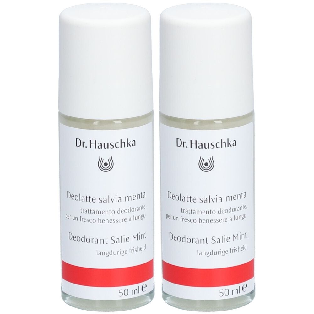 Zwei Roll-on-Deodorants mit weißem Deckel und Etikett. Aufschrift: Dr. Hauschka, Deodorant Salie Mint, 50 ml.