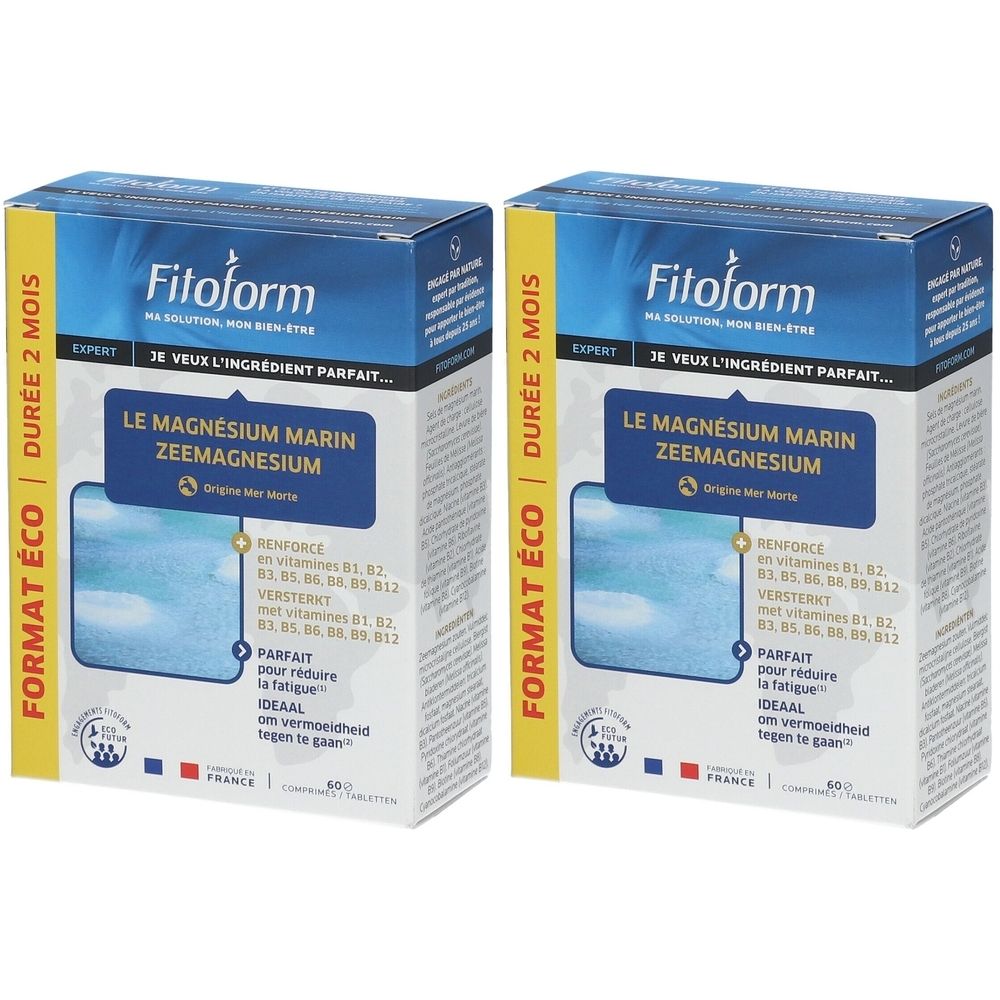Deux boîtes de Fitoform Magnésium Marin. Emballage bleu et blanc avec texte. "Le Magnésium Marin" et "Zeemagnesium" sont visibles.