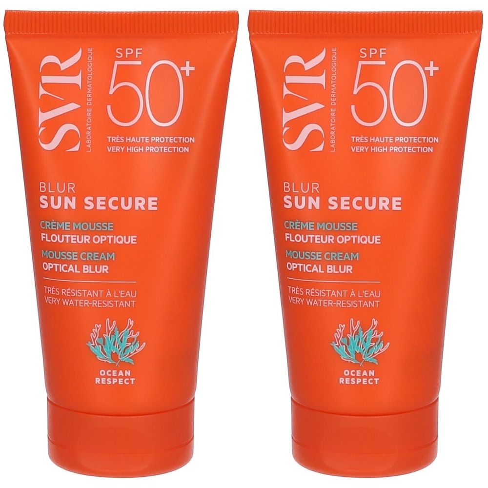 Deux tubes orange avec texte blanc. Inscription: SVR, SPF 50+, SUN SECURE, MOUSSE CREAM, OPTICAL BLUR. Symbole marin.