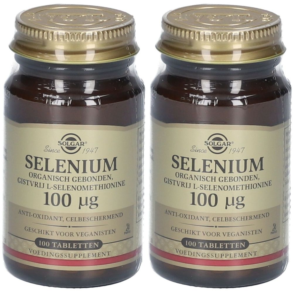 Deux flacons en verre brun avec des couvercles dorés. Les étiquettes indiquent "Solgar Selenium 100 mcg".