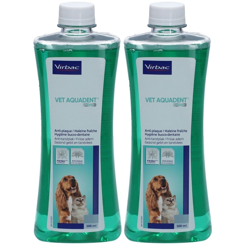 Deux flacons de liquide vert. Inscription : VET AQUADENT. Un chien et un chat sont représentés. Bouchon blanc.