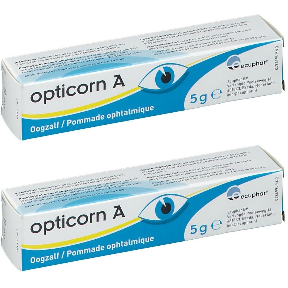 Zwei Tuben Opticorn A. Weiße Verpackung mit blauem Design und Produktnamen. Enthält 5g. Oogzalf/Pommade ophtalmique.
