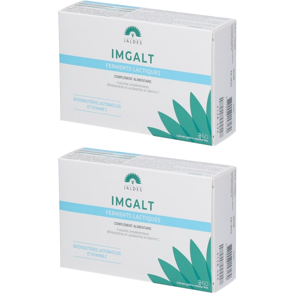 Zwei weiße Kartons mit der Aufschrift IMGALT, Ferments lactiques. Aufdruck von Bakterien und Vitamin C. Grün-türkises Logo.
