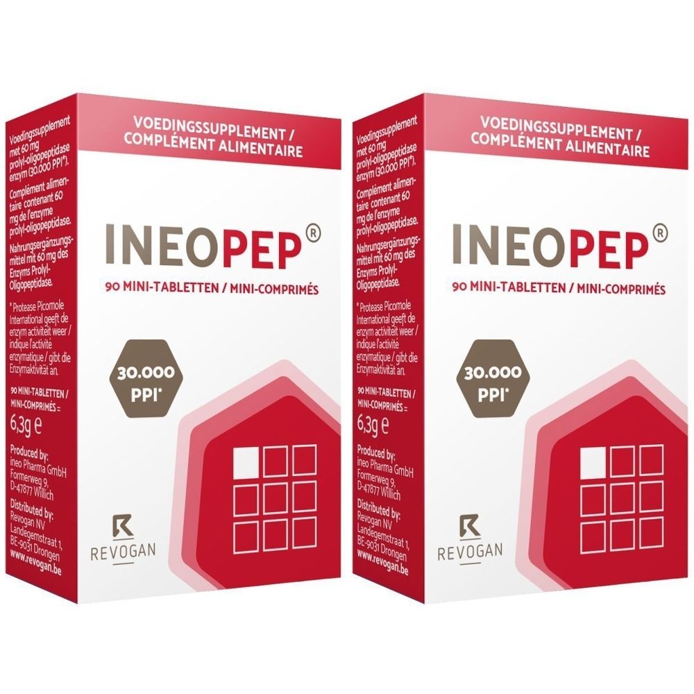 Zwei Schachteln Ineopep® mit Aufschrift "90 Mini-Tabletten". Rote und weiße Verpackung mit Text in mehreren Sprachen.