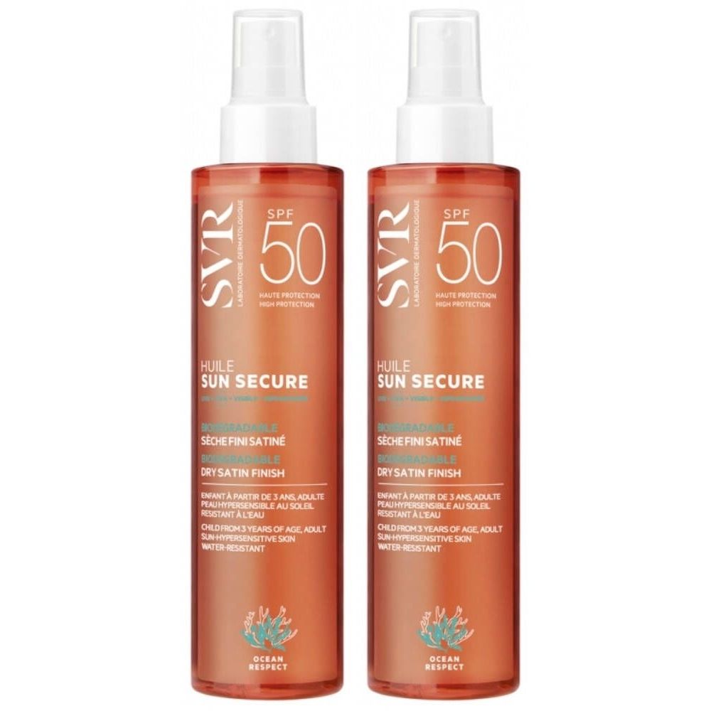 Deux flacons de SVR Sun Secure Huile SPF50. Flacons orange avec vaporisateur blanc. Texte: SPF 50, Huile Sun Secure, Dry Satin Finish.