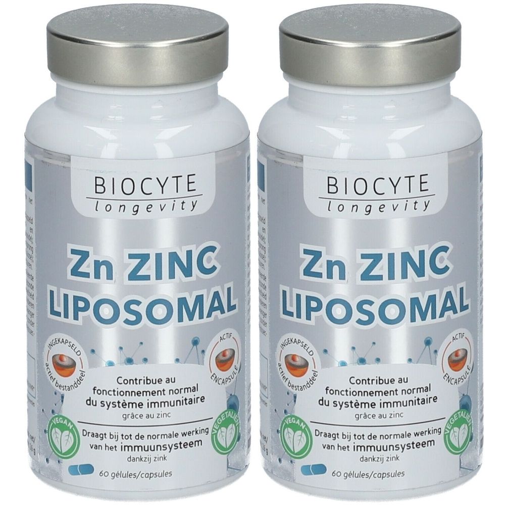Zwei weiße Flaschen mit silbernen Deckeln. Aufschrift: Biocyte Zn ZINC LIPOSOMAL. Enthält 60 Kapseln. Vegan-Siegel.