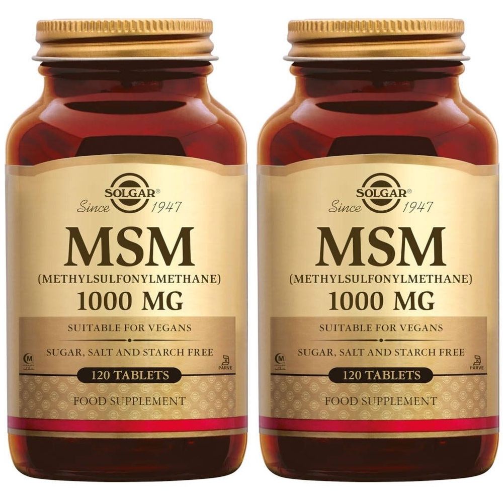 Zwei Flaschen Solgar MSM 1000 mg. Braune Glasflaschen mit goldenen Deckeln. Aufschrift MSM, 1000 mg, für Veganer geeignet, zucker-, salz- und stärkefrei.