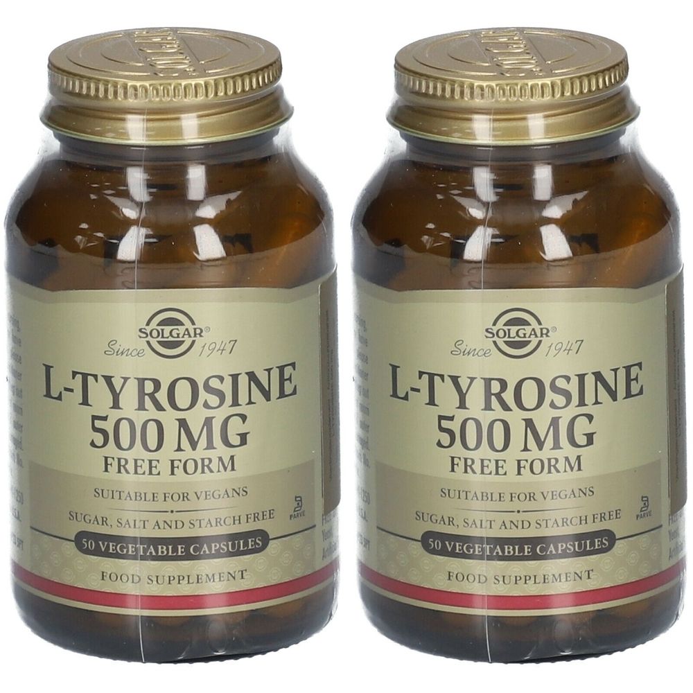 Zwei Flaschen Solgar L-Tyrosin 500 mg. Braune Glasflaschen mit goldenen Deckeln. Aufschrift: L-Tyrosin 500 mg, 50 Kapseln.