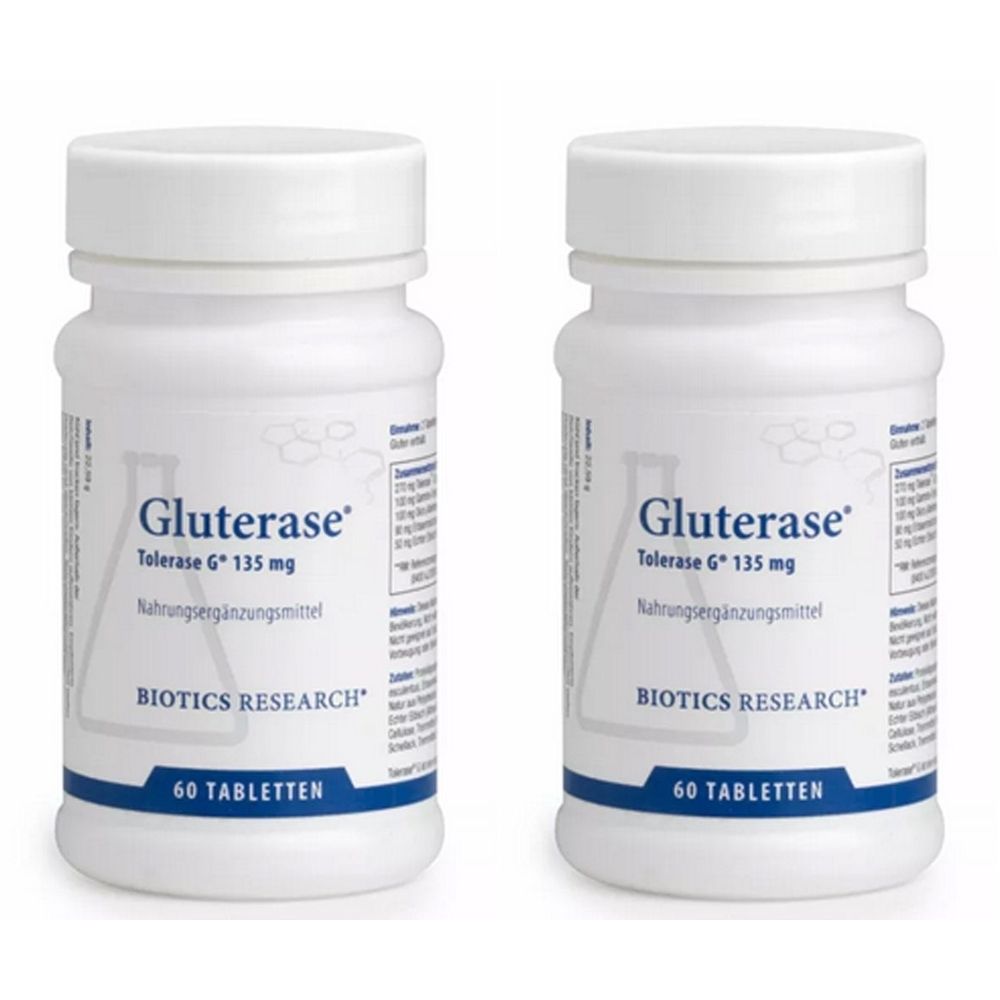 Zwei weiße Flaschen mit Schraubverschluss. Aufschrift: Gluterase, Tolerase G 135 mg, Nahrungsergänzungsmittel, Biotics Research, 60 Tabletten.