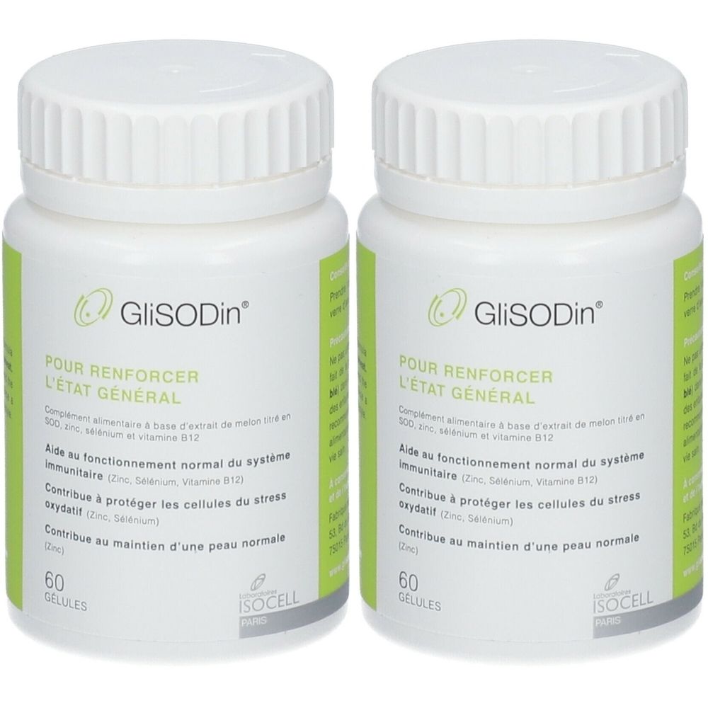 Deux flacons blancs de GliSODin. Inscription: POUR RENFORCER L'ÉTAT GENERAL. Chaque flacon contient 60 gélules.