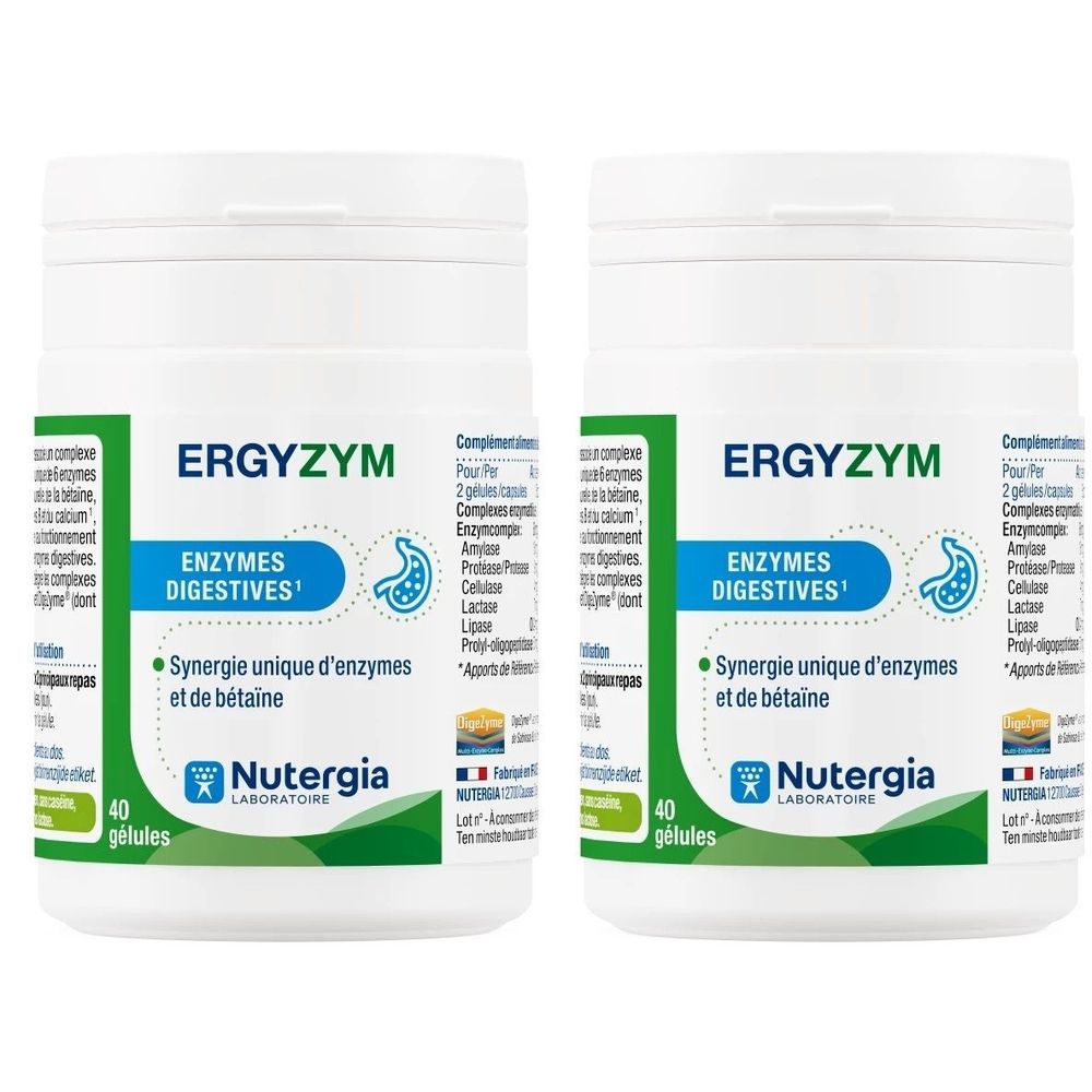 Zwei weiße Flaschen mit dem Produktnamen ERGYZYM. Aufschrift: ENZYMES DIGESTIVES, Nutergia Laboratoire. 40 Kapseln.